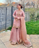 Ready To Wear Peach Chinon Silk Embroidery Work Gharara Suit With Dupatta