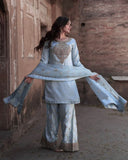 Ready To Wear Sky Chinon Silk Embroidery Work Pant Suit With Dupatta