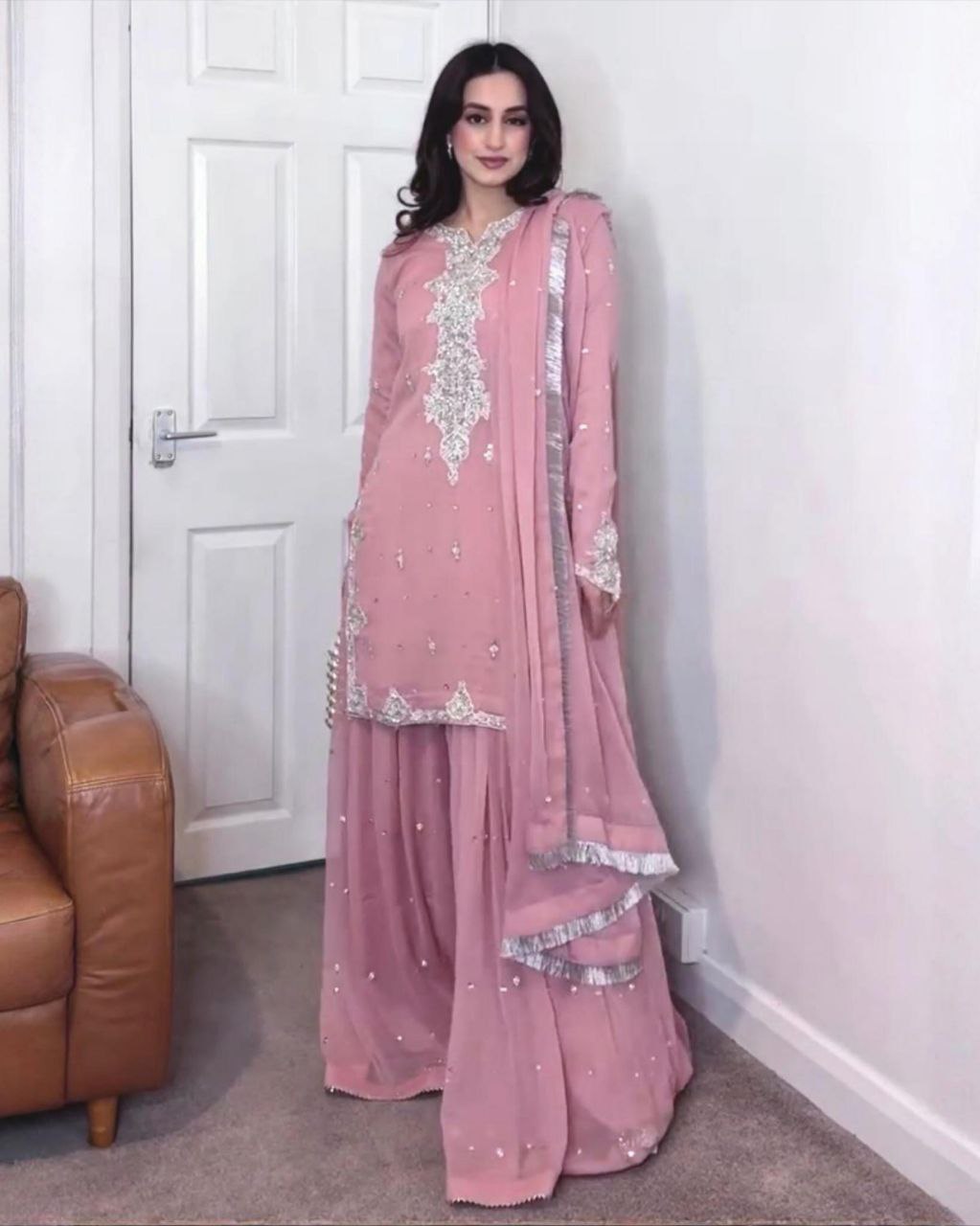 Ready To Wear Peach Soft Georgette Embroidery Work Palazo Suit With Dupatta