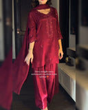 Ready To Wear Red Chinon Silk Embroidery Work Farshi Suit With Dupatta
