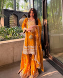 Ready To Wear Mango Yellow Soft Georgette Embroidery Work Gharara Suit With Dupatta