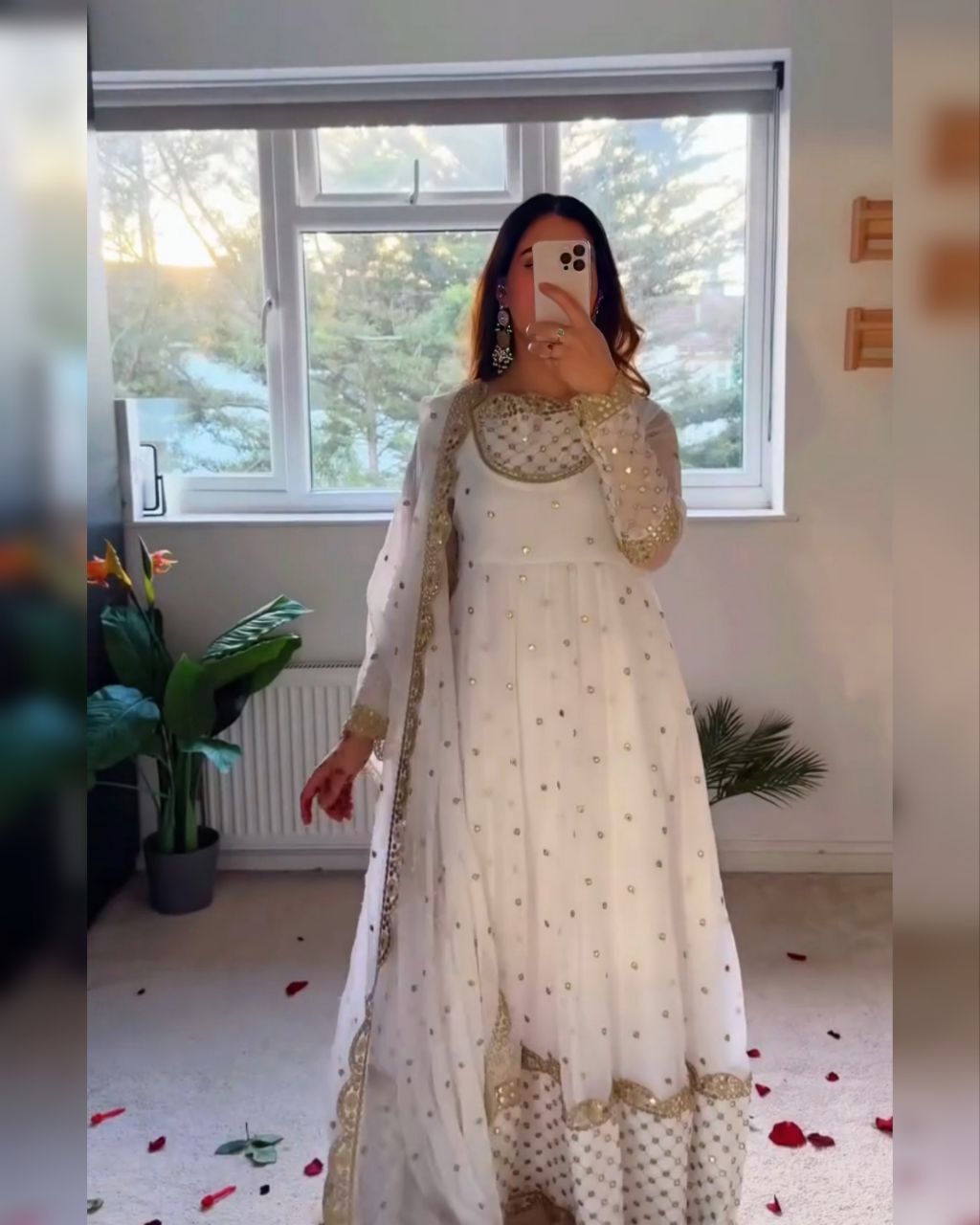 Ready To Wear White Soft Georgette Sequence Work Anarkali Gown With Dupatta