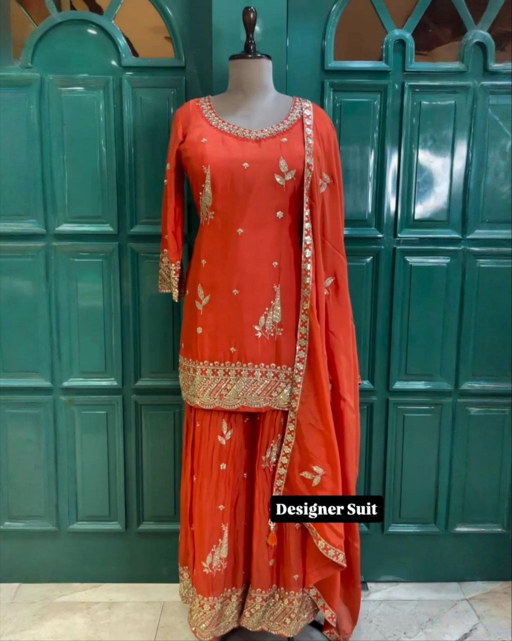 Ready To Wear Fanta & Black Chinon Silk Embroidery Work Sharara Suit With Dupatta