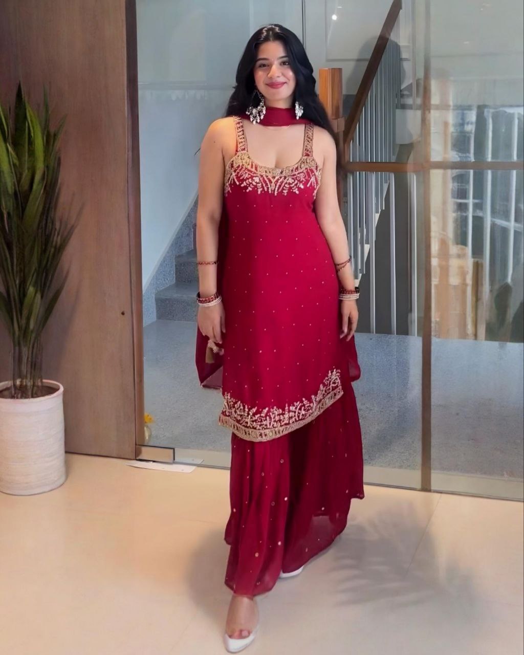 Exclusive Red Soft Georgette Sequence Work Gharara Suit With Dupatta