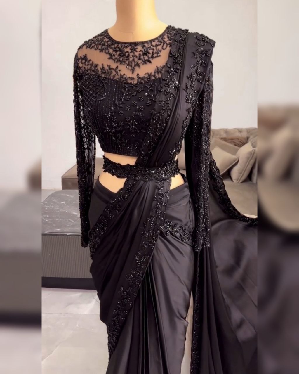 Ready To Wear Black & Red Satin Silk Embroidery Work Saree With Blouse