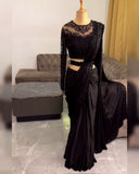 Ready To Wear Black & Red Satin Silk Embroidery Work Saree With Blouse