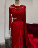 Ready To Wear Black & Red Satin Silk Embroidery Work Saree With Blouse