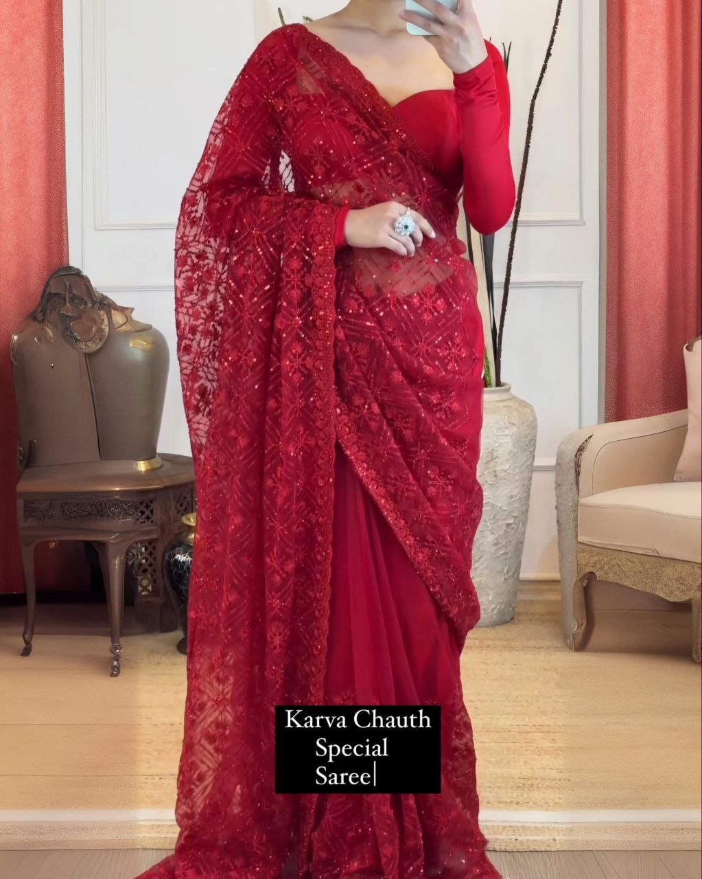 Exclusive Red Mono Net Embroidery Work Saree With Blouse