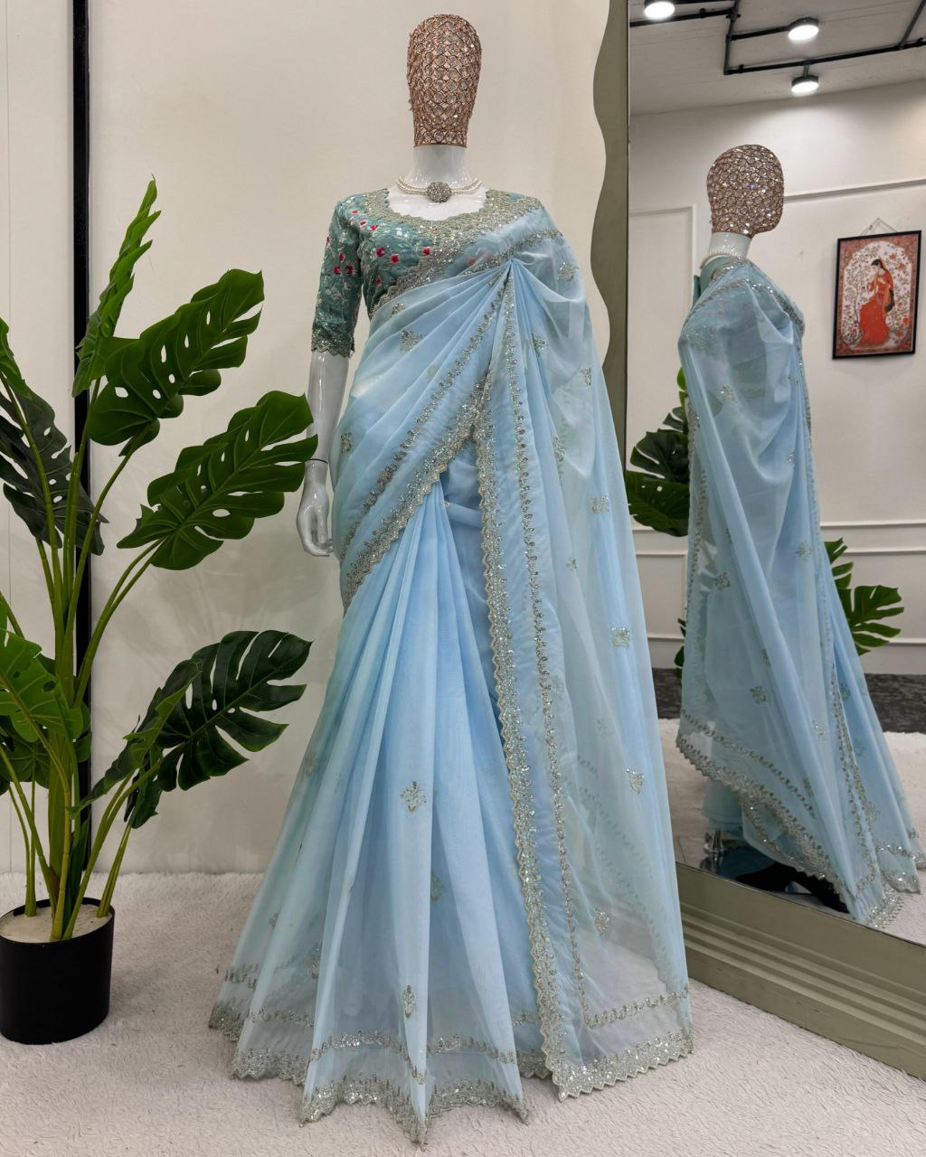 Exclusive Sky Tibby Silk Embroidery Work Saree With Blouse