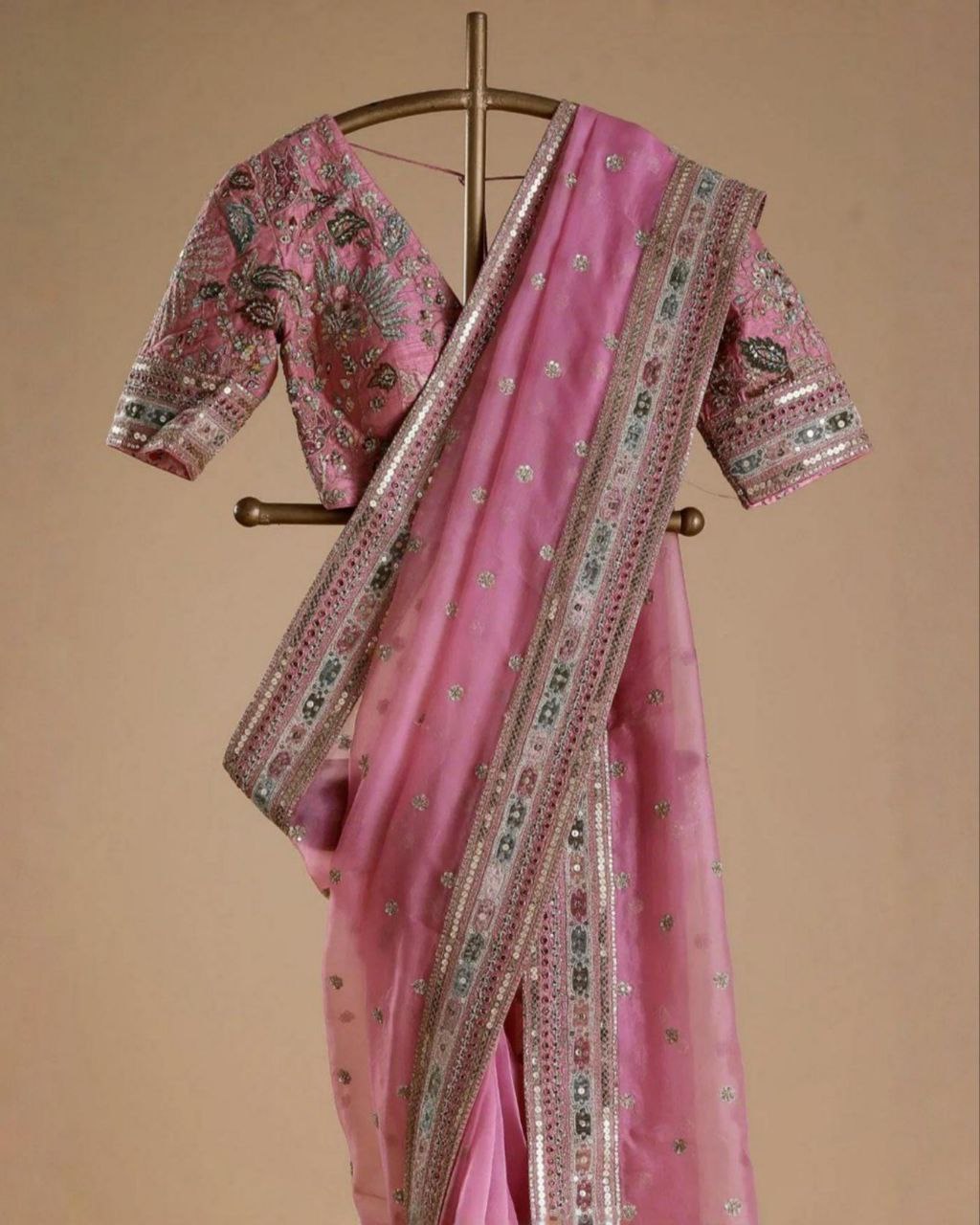 Exclusive Pink Organza Silk Embroidery Work Saree With Blouse
