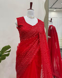 Exclusive Hot Red Soft Net Sequence Work Saree With Blouse