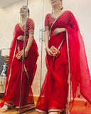 Exclusive Hot Red Organza Silk Embroidery Work Saree With Blouse