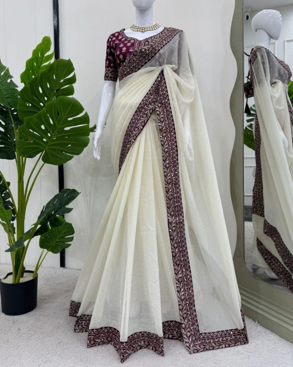 Exclusive White & Wine Silk Embroidery Work Saree With Blouse