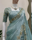 Exclusive Sea Green Jimmy Silk Embroidery Work Saree With Blouse