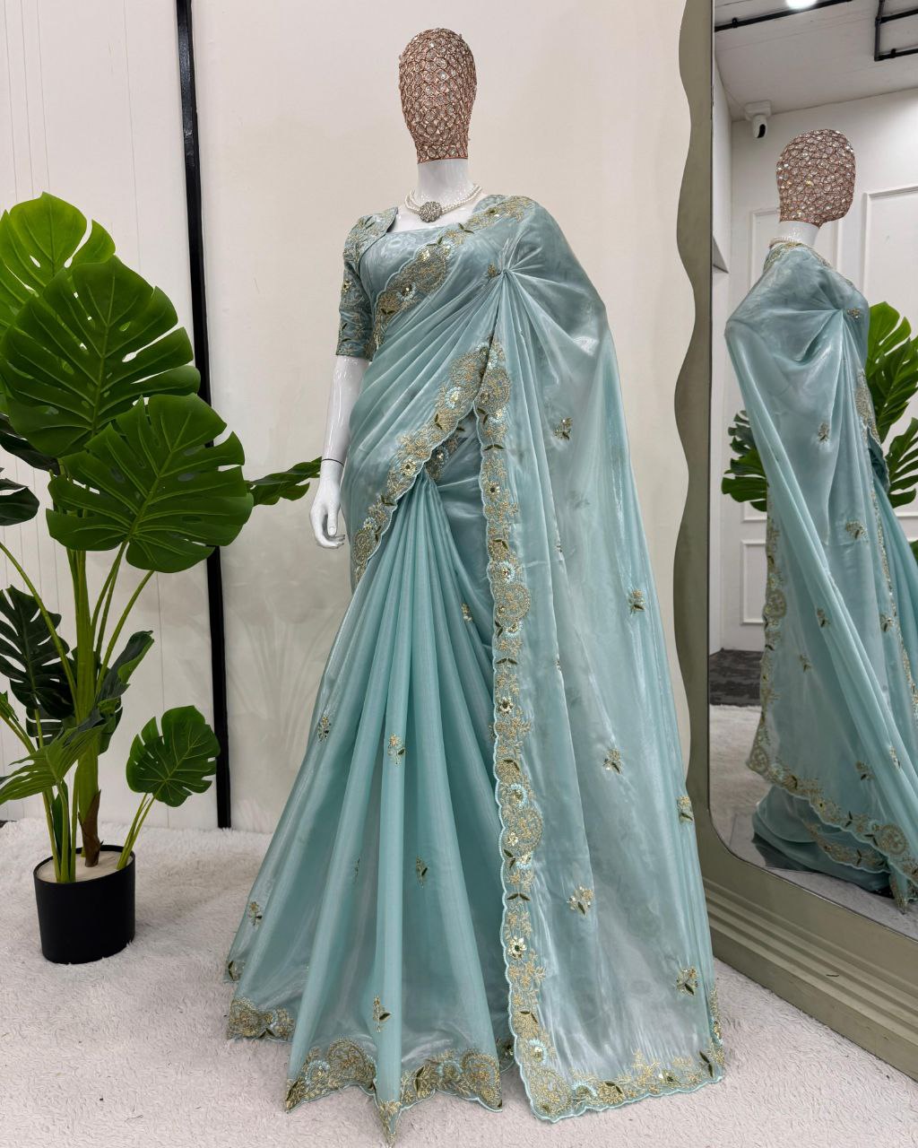 Exclusive Sea Green Jimmy Silk Embroidery Work Saree With Blouse