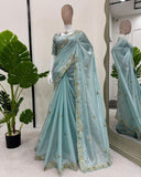 Exclusive Sea Green Jimmy Silk Embroidery Work Saree With Blouse