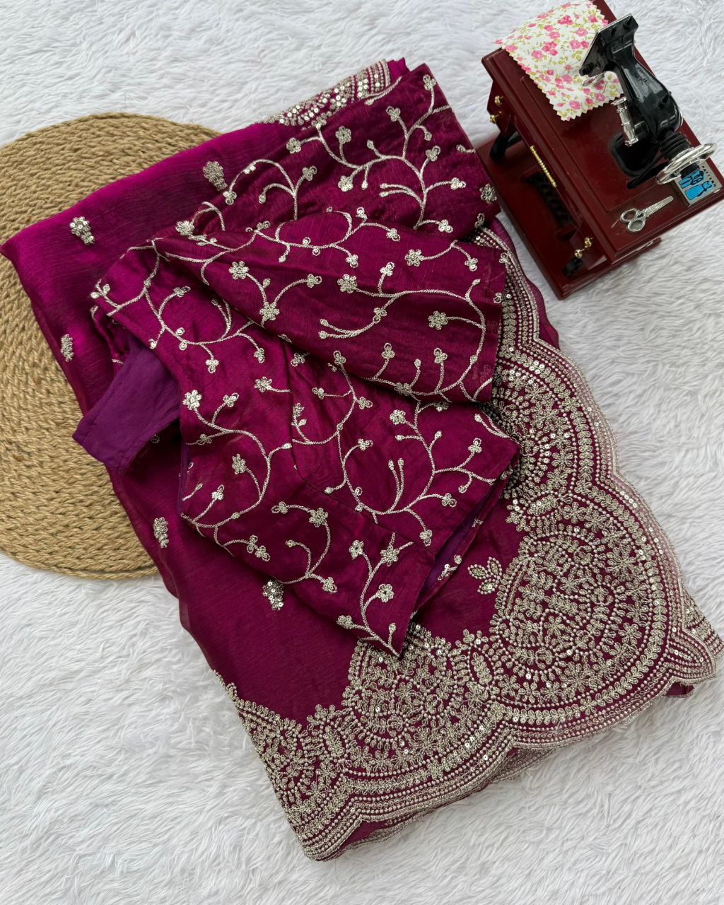 Exclusive Yellow & Pink Chiffon Silk Embroidery Work Saree With Blouse