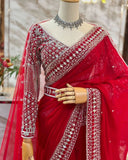 Exclusive Red Tibby Silk Sequence Work Saree With Blouse And Dupatta-Belt