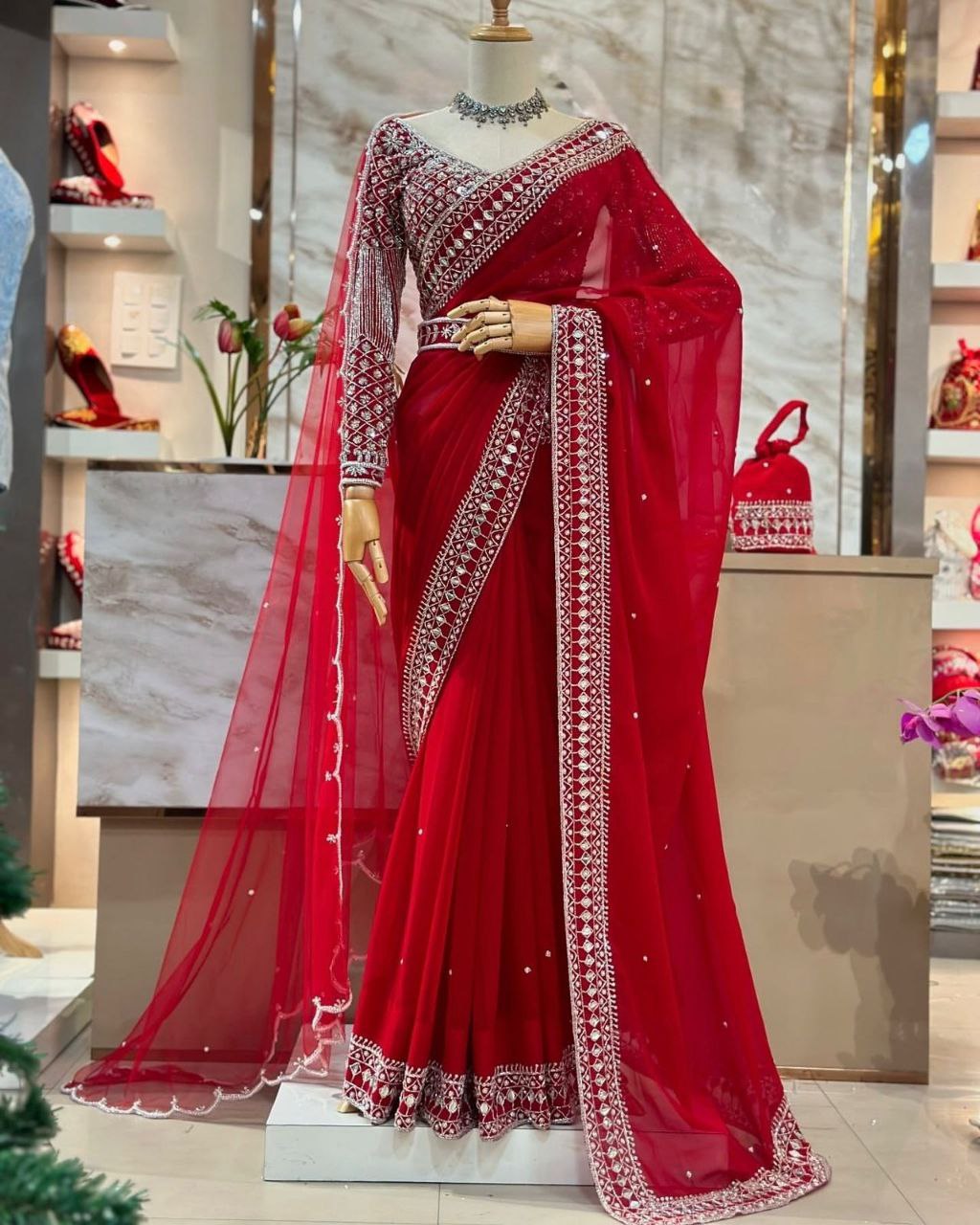 Exclusive Red Tibby Silk Sequence Work Saree With Blouse And Dupatta-Belt
