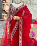 Exclusive Red Tibby Silk Sequence Work Saree With Blouse And Dupatta-Belt