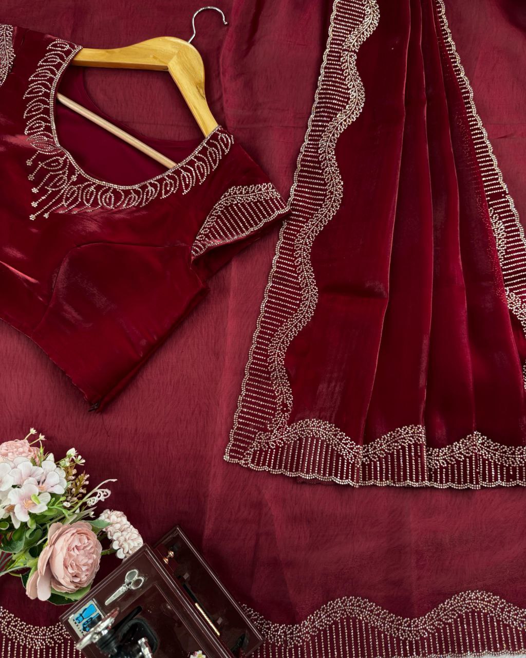 Exclusive Maroon Jimmy Silk Embroidery Work Saree With Blouse