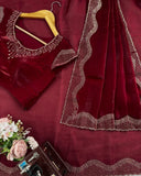 Exclusive Maroon Jimmy Silk Embroidery Work Saree With Blouse