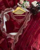 Exclusive Maroon Jimmy Silk Embroidery Work Saree With Blouse