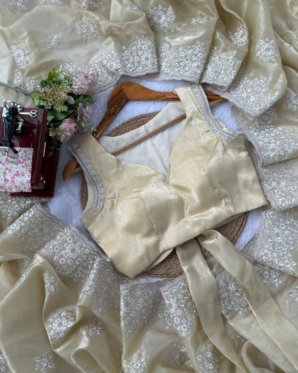 Exclusive Sand Jimmy Silk Coding Work Saree With Blouse