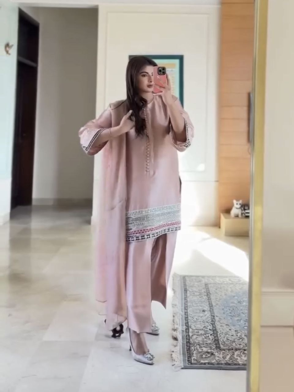 Ready To Wear Pink Crep Silk Embroidery Work Farshi Suit With Dupatta