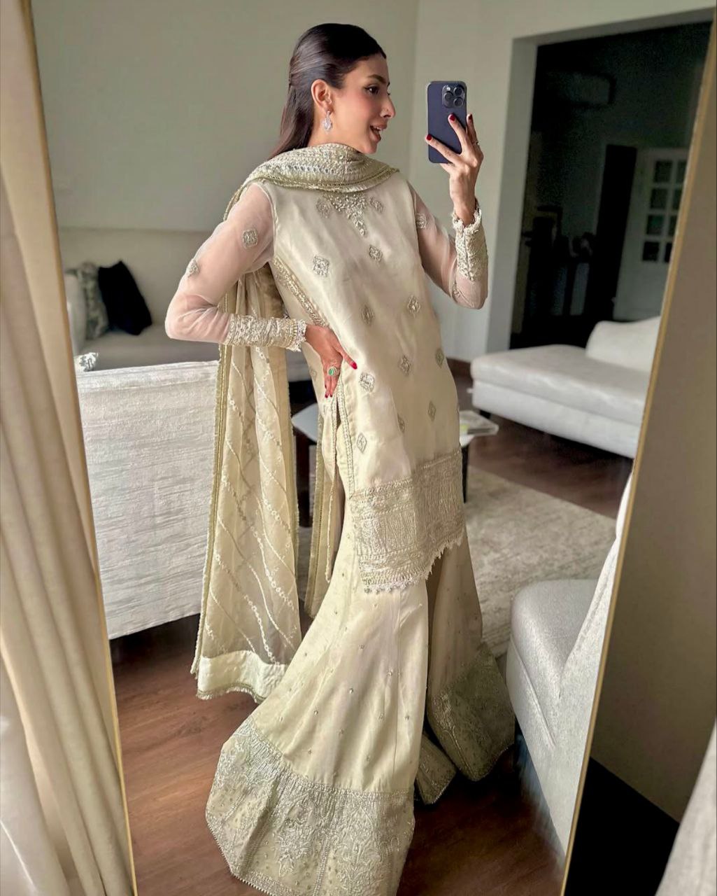 Ready To Wear Cream Organza Silk Embroidery Work Palazo Suit With Dupatta