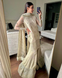 Ready To Wear Cream Organza Silk Embroidery Work Palazo Suit With Dupatta