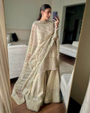 Ready To Wear Cream Organza Silk Embroidery Work Palazo Suit With Dupatta