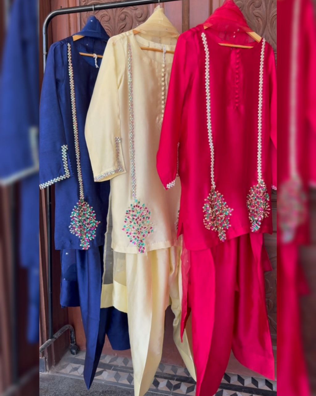 Ready To Wear Blue , Cream & Red Crep Silk Embroidery Work Farshi Suit With Dupatta