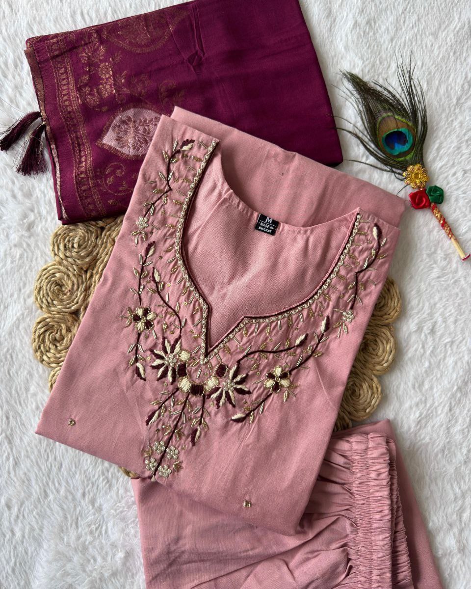 Exclusive Pink-Mehendi Roman Silk Hand Work Pant Suit With Dupatta