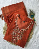 Exclusive Rust Roman Silk Hand Work Pant Suit With Dupatta