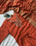 Exclusive Rust Roman Silk Hand Work Pant Suit With Dupatta