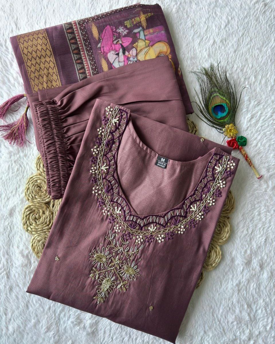 Exclusive Mauve Roman Silk Hand Work Pant Suit With Dupatta
