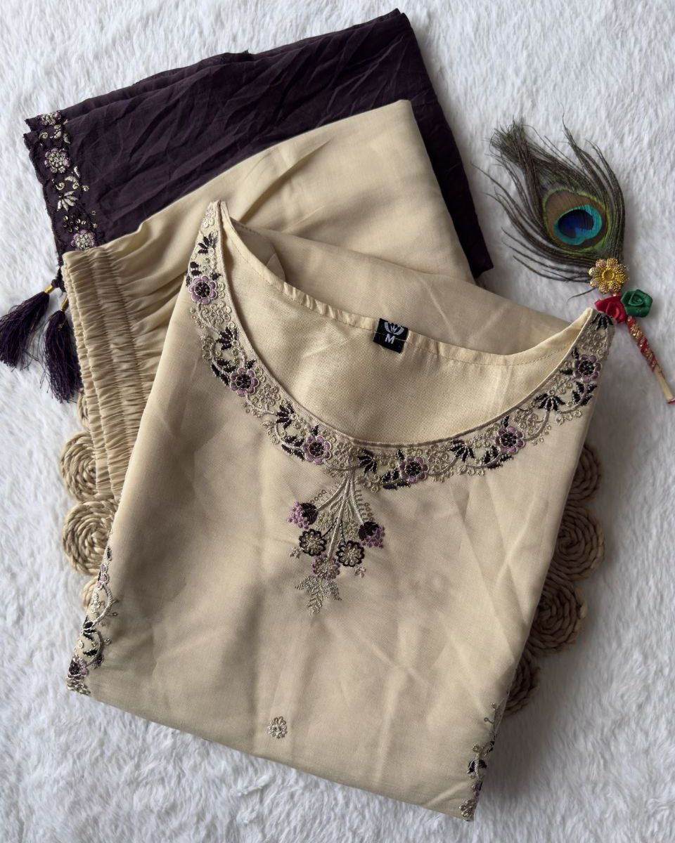 Exclusive Beige Roman Silk Hand Work Pant Suit With Dark Purple Dupatta