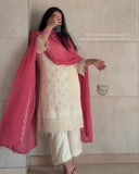 Ready To Wear Cream Soft Georgette Embroidery Work Pant Suit With Pink Dupatta