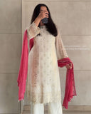 Ready To Wear Cream Soft Georgette Embroidery Work Pant Suit With Pink Dupatta