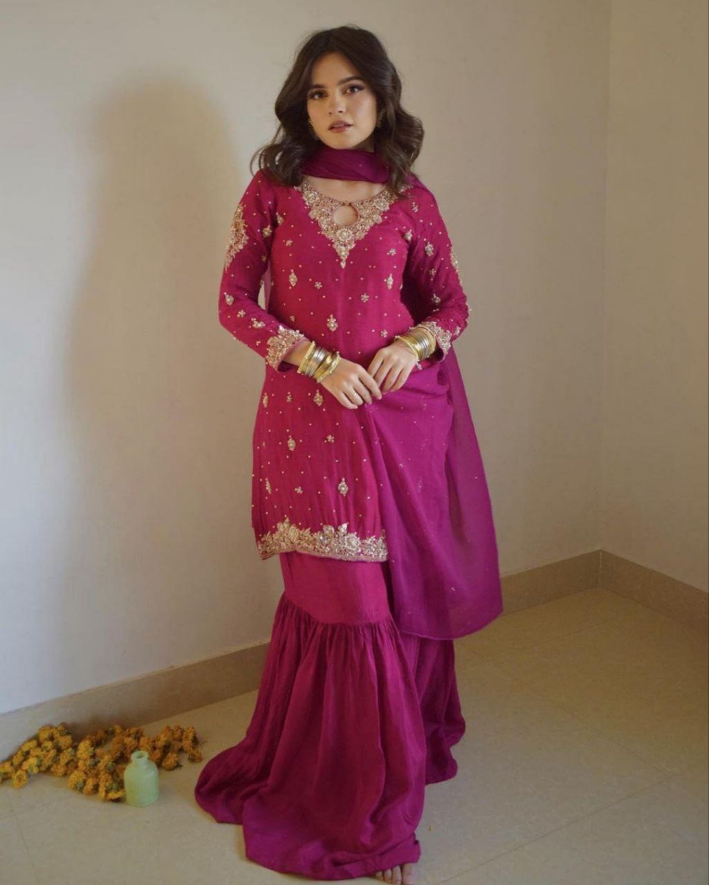 Ready To Wear Dark Pink Soft Georgette Embroidery Work Gharara Suit With Dupatta