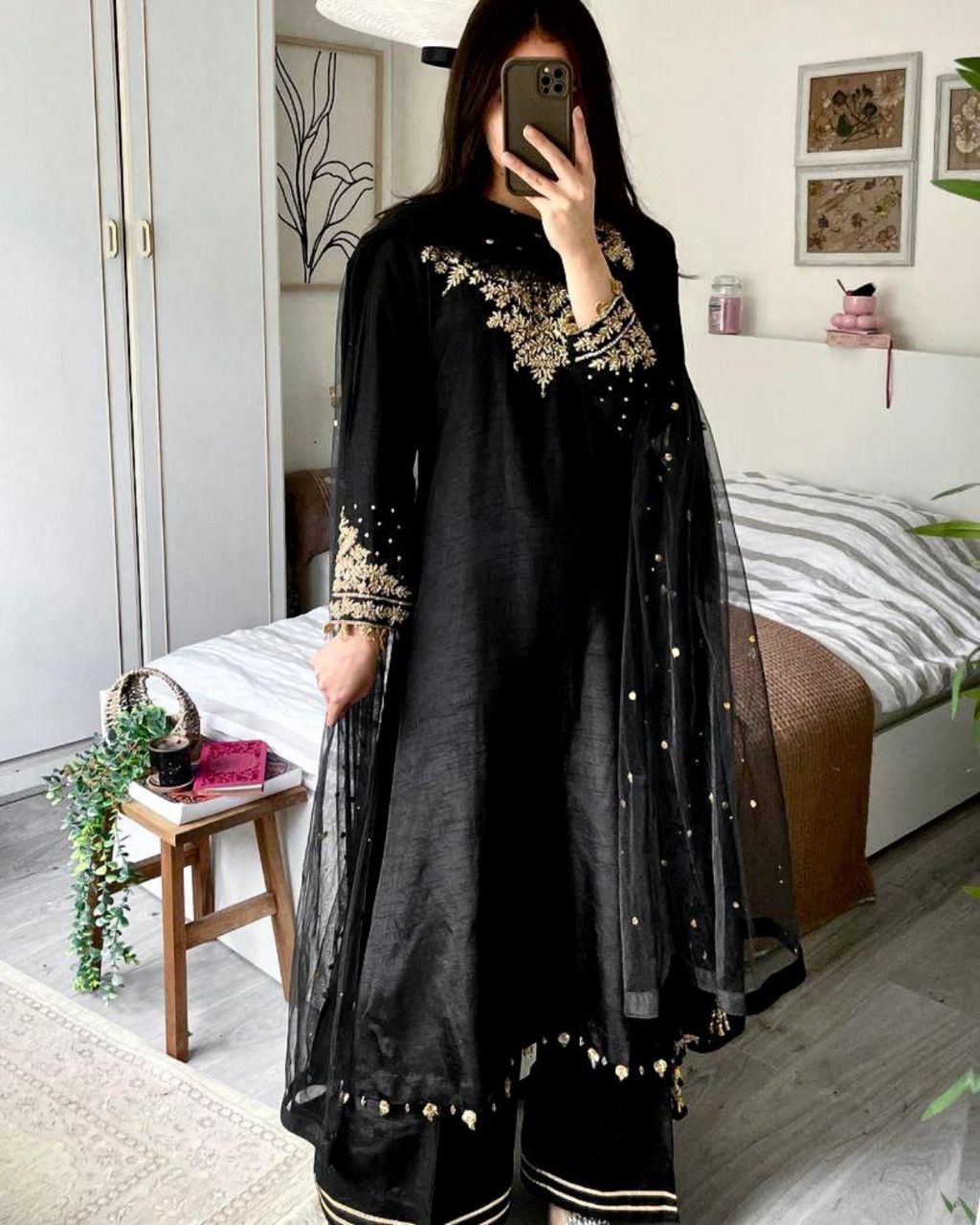 Ready To Wear Black Chinon Silk Embroidery Work Pant Suit With Dupatta