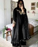 Ready To Wear Black Chinon Silk Embroidery Work Pant Suit With Dupatta