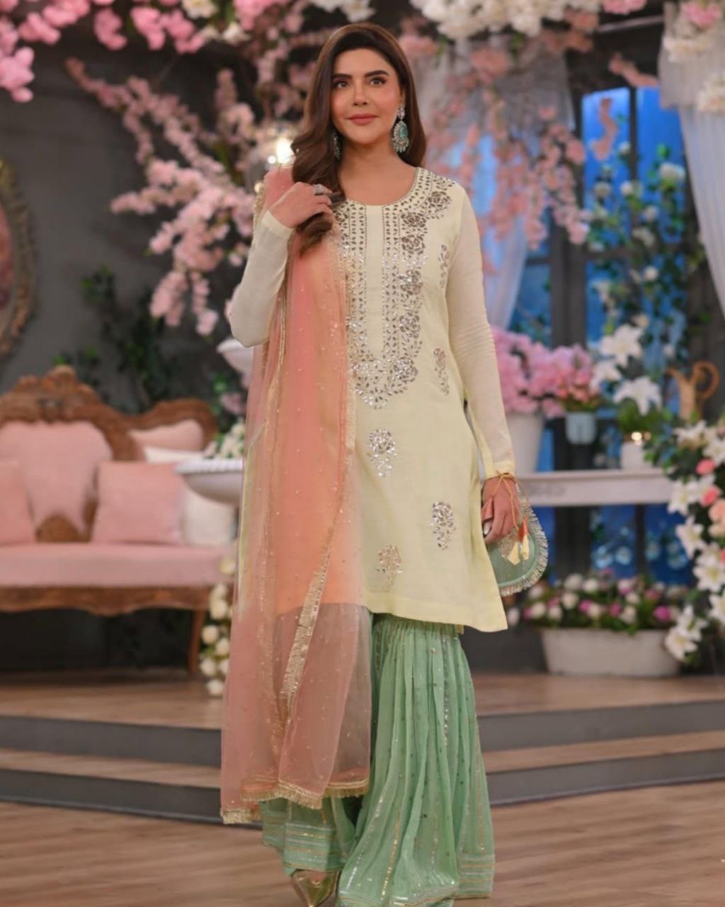 Ready To Wear Yellow & Green Soft Georgette Embroidery Work Gharara Suit With Peach Dupatta