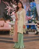 Ready To Wear Yellow & Green Soft Georgette Embroidery Work Gharara Suit With Peach Dupatta