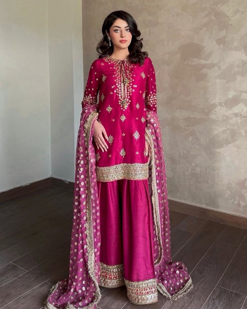 Ready To Wear Hot Pink Chinon Silk Embroidery Work Farzi Suit With Dupatta