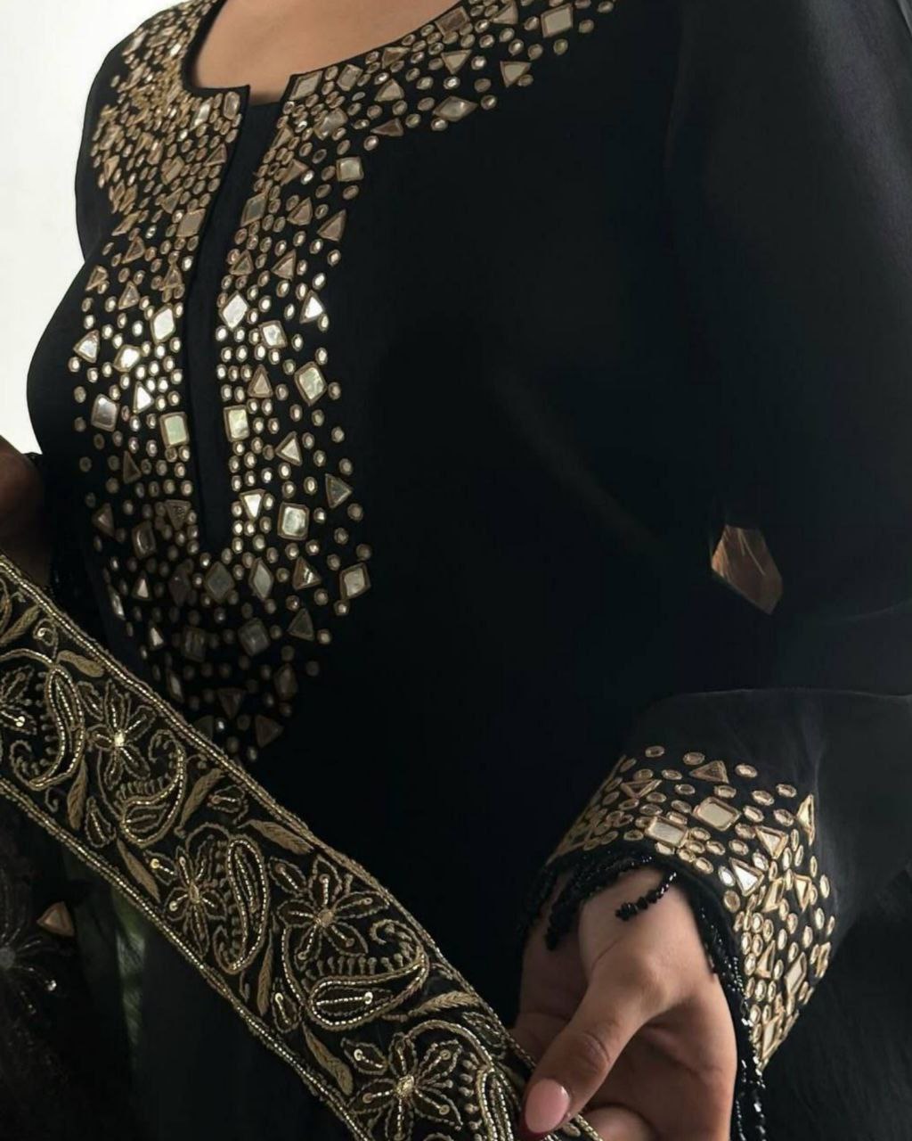 Ready To Wear Black Organza Silk Mirror Work Pant Suit With Dupatta