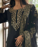 Ready To Wear Black Organza Silk Mirror Work Pant Suit With Dupatta