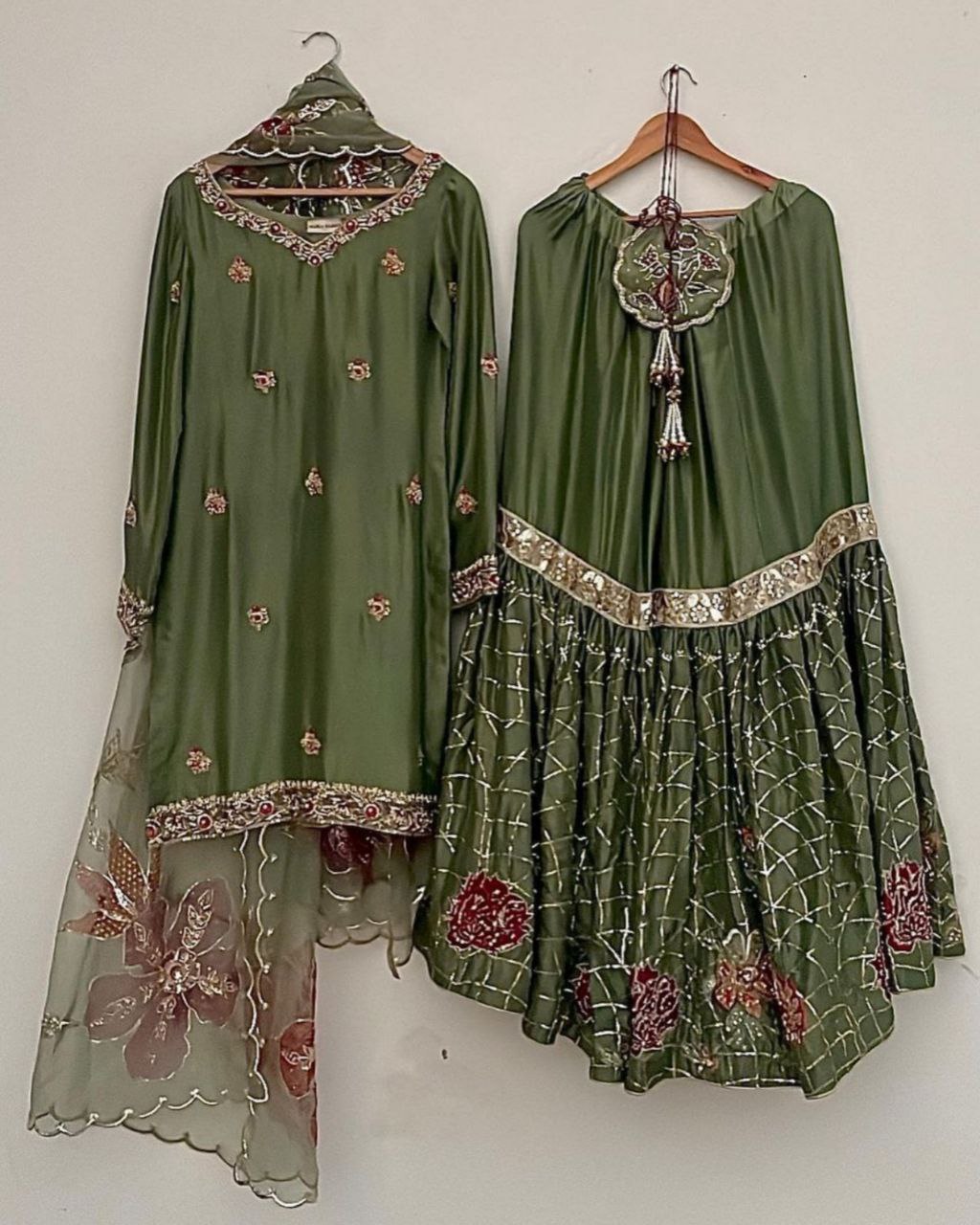 Ready To Wear Dhani Green Chinon Silk Embroidery Work Gharara Suit With Dupatta