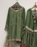 Ready To Wear Dhani Green Chinon Silk Embroidery Work Gharara Suit With Dupatta